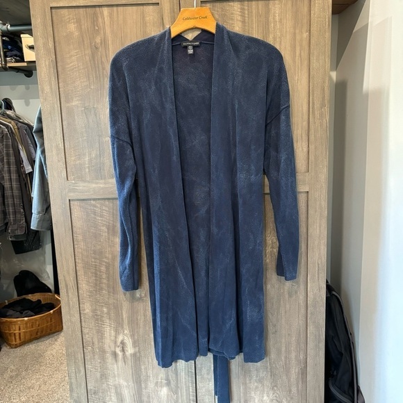 Eileen Fisher Medium Blue Ribbed Cardigan Long Line Belted Sweater Tencel - Picture 1 of 9